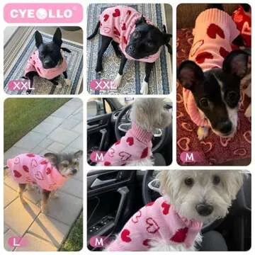 cyeollo Dog Sweater Pullover Turtleneck Heart Pattern Holiday Theme Dog Clothes with Leash Hole Female Pet Apparel for Small Dogs Pink