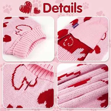 cyeollo Dog Sweater Pullover Turtleneck Heart Pattern Holiday Theme Dog Clothes with Leash Hole Female Pet Apparel for Small Dogs Pink