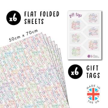 CENTRAL 23 White Wrapping Paper - Music Notes - 6 Gift Wrap Sheets With Tags - Music Lover - Recycla...