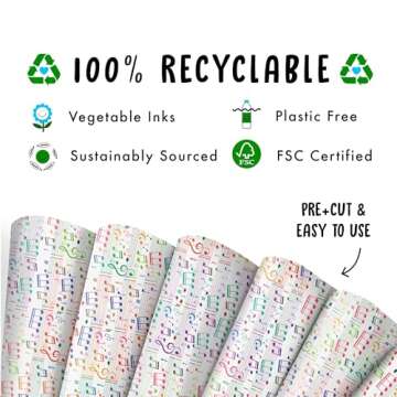 CENTRAL 23 White Wrapping Paper - Music Notes - 6 Gift Wrap Sheets With Tags - Music Lover - Recyclable Wrapping Paper - For Birthday Wedding Anniversary