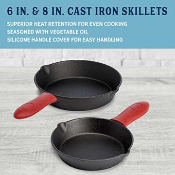 Country Living Pre-Seasoned Cast Iron Skillet, Oven Safe Frying Pans with Silicone Handle Sleeves, D...