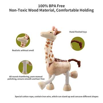 12PCS Bendable Wooden Animal Toys, Fun and Posable Animal Toys Figures for Early Education, Safari W...