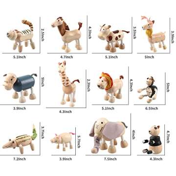 12PCS Bendable Wooden Animal Toys, Fun and Posable Animal Toys Figures for Early Education, Safari Wood Toy for Kids, Smooth Natural Wood, Wood Animal Learning Toy for Children