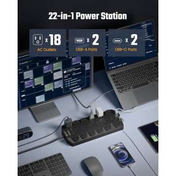 Power Strips with Surge Protection 10 FT, SUPERDANNY 18 AC Outlets and 4 USB Ports, Flat Plug Heavy ...