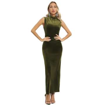 Capuffy Women Backless Velvet Maxi Dress Back Slit Ruched Bodycon Formal Dress High Neck Cocktail Party Dress 091(Small,Olive Green)