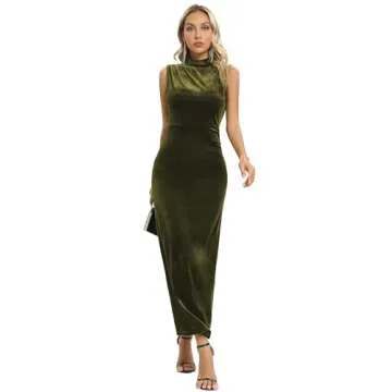 Capuffy Women Backless Velvet Maxi Dress Back Slit Ruched Bodycon Formal Dress High Neck Cocktail Party Dress 091(Small,Olive Green)