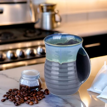 Oojdzoo Hand Warmer Coffee Mug Handmade Pottery (Upgraded) - 16 Ounce Large Hand Warming Mugs Ceramic Gift with Contoured Pocket, Keep Your Fingers Warmth, Right Handed