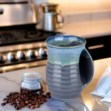 Oojdzoo Hand Warmer Coffee Mug Handmade Pottery (Upgraded) - 16 Ounce Large Hand Warming Mugs Ceramic Gift with Contoured Pocket, Keep Your Fingers Warmth, Right Handed