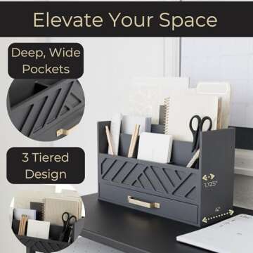 BLU MONACO Grey Wooden Desk Organizer with Drawer and Gold Handle - Perfect Office Desk Accessories and Workspace Organizers for Home Office Organization - Desktop Mail Organizer - Office Supplies