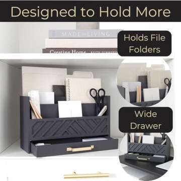 BLU MONACO Grey Wooden Desk Organizer with Drawer and Gold Handle - Perfect Office Desk Accessories and Workspace Organizers for Home Office Organization - Desktop Mail Organizer - Office Supplies