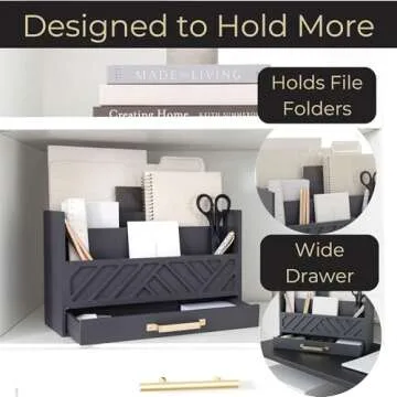 BLU MONACO Grey Wooden Desk Organizer with Drawer and Gold Handle - Perfect Office Desk Accessories and Workspace Organizers for Home Office Organization - Desktop Mail Organizer - Office Supplies