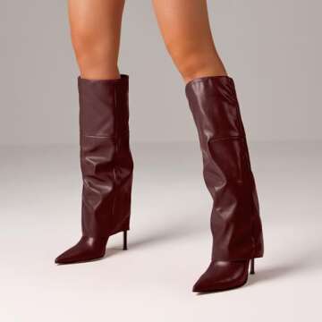 femflame Fold Over Boots For Women,Pointed Toe Stiletto Heel Knee High Boots Wide Calf Long Boots Tall Boots