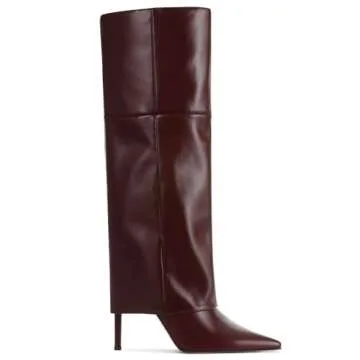 femflame Fold Over Boots For Women,Pointed Toe Stiletto Heel Knee High Boots Wide Calf Long Boots Tall Boots