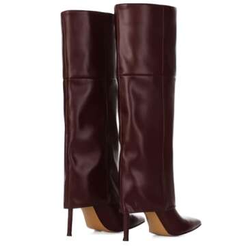 femflame Fold Over Boots For Women,Pointed Toe Stiletto Heel Knee High Boots Wide Calf Long Boots Tall Boots