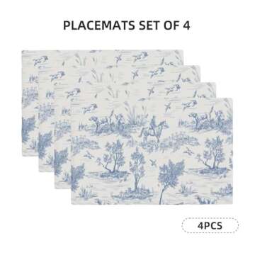 Blue Toile Placemats 12 x 18 Inch Set of 4, French Country Decorative Place Mats Non-Slip Washable F...