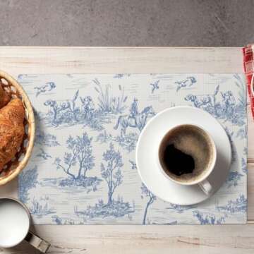 Blue Toile Placemats 12 x 18 Inch Set of 4, French Country Decorative Place Mats Non-Slip Washable Farmhouse Table Mats for Kitchen Dining Home Party Indoor Outdoor Table Decor