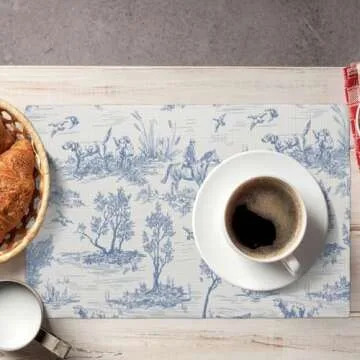 Blue Toile Placemats 12 x 18 Inch Set of 4, French Country Decorative Place Mats Non-Slip Washable Farmhouse Table Mats for Kitchen Dining Home Party Indoor Outdoor Table Decor