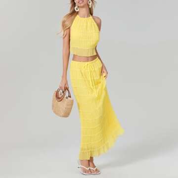 SOOKABEILA Womens 2 Piece Maxi Skirt Set Lace Up Sleeveless Tank Top and Flowy Long Skirt 2024 Summer Beach Outfits (Yellow,S)