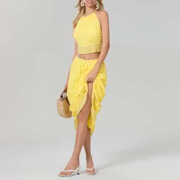 SOOKABEILA Womens 2 Piece Maxi Skirt Set Lace Up Sleeveless Tank Top and Flowy Long Skirt 2024 Summer Beach Outfits (Yellow,S)