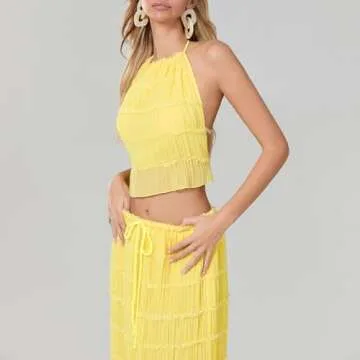 SOOKABEILA Womens 2 Piece Maxi Skirt Set Lace Up Sleeveless Tank Top and Flowy Long Skirt 2024 Summer Beach Outfits (Yellow,S)
