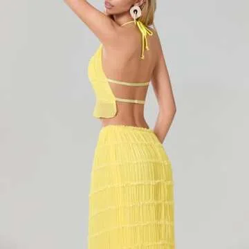 SOOKABEILA Womens 2 Piece Maxi Skirt Set Lace Up Sleeveless Tank Top and Flowy Long Skirt 2024 Summer Beach Outfits (Yellow,S)