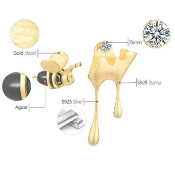 Lotus Fun S925 Sterling Silver Earrings Bee and Dripping Honey Asymmetric Stud Earrings, Creative Handmade Unique Jewelry Gifts for Women (Gold)