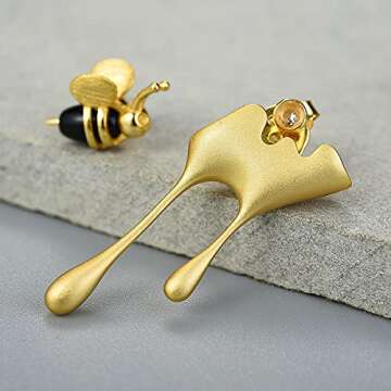 Lotus Fun S925 Sterling Silver Earrings Bee and Dripping Honey Asymmetric Stud Earrings, Creative Handmade Unique Jewelry Gifts for Women (Gold)