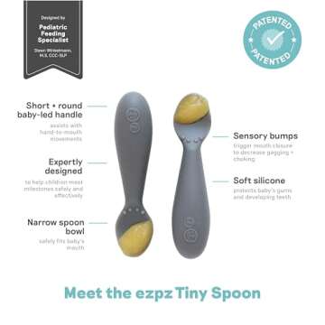 ezpz Tiny Spoon (2 Pack in Gray) - 100% Silicone Baby Spoon for Baby Led Weaning + Purees - 6 months + - Designed by a Pediatric Feeding Specialist - Baby Essentials & Baby Gifts