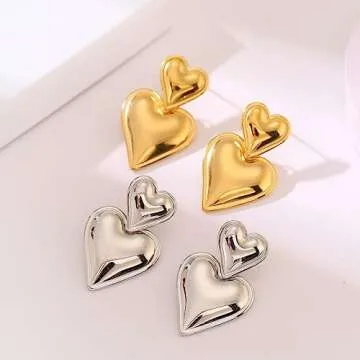 Gold Heart Drop Dangle Earrings Chunky Heart Dangling Statement Earrings for Women