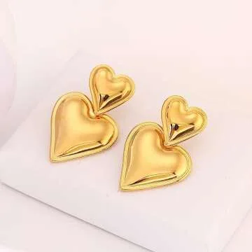 Gold Heart Drop Dangle Earrings Chunky Heart Dangling Statement Earrings for Women