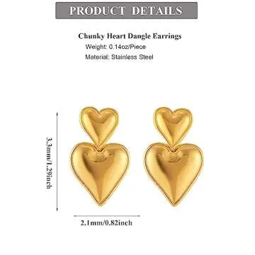 Gold Heart Drop Dangle Earrings Chunky Heart Dangling Statement Earrings for Women