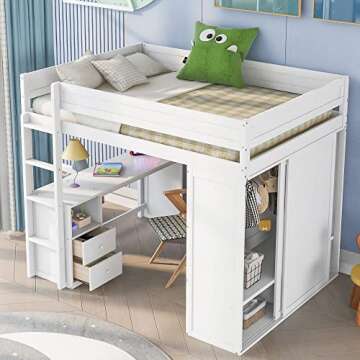 BOVZA Wood Full Size Loft Bed Frame with Wardrobe and Desk