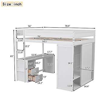 BOVZA Wood Full Size Loft Bed Frame with Wardrobe and Desk