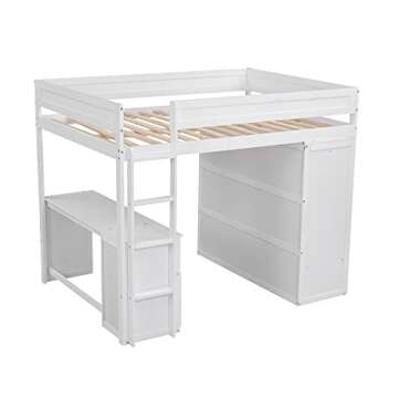 BOVZA Wood Full Size Loft Bed Frame with Wardrobe and Desk