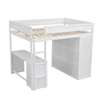 BOVZA Wood Full Size Loft Bed Frame with Wardrobe and Desk