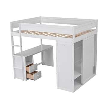BOVZA Wood Full Size Loft Bed Frame with Wardrobe and Desk