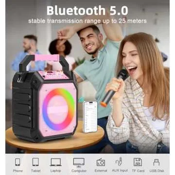 VICTRESS Karaoke Machine with 2 Wireless Microphones, Portable Bluetooth Speaker for Adults & Kids with Strobe Lights, Karaoke Speaker with PA System Supports TWS/USB/TF/REC/AUX for Party/Meeting Pink