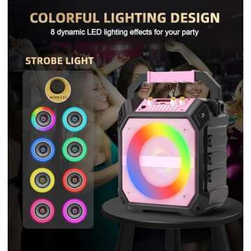 VICTRESS Karaoke Machine with 2 Wireless Microphones, Portable Bluetooth Speaker for Adults & Kids with Strobe Lights, Karaoke Speaker with PA System Supports TWS/USB/TF/REC/AUX for Party/Meeting Pink