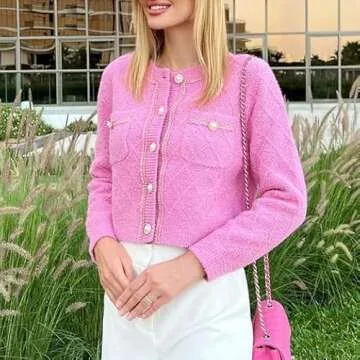 URBAN REVIVO Women's Knit Cardigan Sweaters Casual Long Sleeve Open Front Button Down Cropped Jackets Pink Small