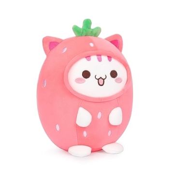 AIXINI Cute Strawberry Cat Plush Pillow – 8" Kawaii Kitten Stuffed Animal Gift for Everyone