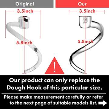 Stainless Steel Spiral Dough Hook Replacement for KitchenAid 4.5QT & 5QT Bowl Tilt-Head Stand Mixers, Rustproof & Easy Clean, Efficient Kneading for Bread, Pizza, Pasta, Cookies