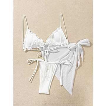 Lilosy Sexy 3 Piece Skirt Cover Ups Bikini Set Ruffle Ribbed G String Tie Triangle Thong Coverups Swimsuit Women High Cut Cheeky Brazilian Bottom Bathing Suit White Medium