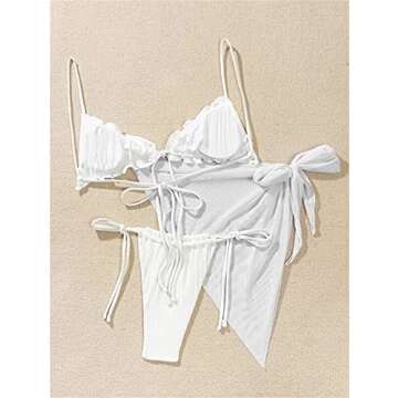 Lilosy Sexy 3 Piece Skirt Cover Ups Bikini Set Ruffle Ribbed G String Tie Triangle Thong Coverups Swimsuit Women High Cut Cheeky Brazilian Bottom Bathing Suit White Medium