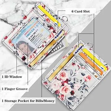 Coco Rossi Slim Front Pocket Wallet RFID ID Card Holder Cute Small Wallet with Keychian for Women,Grey Flowers