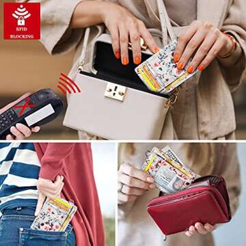 Coco Rossi Slim Front Pocket Wallet RFID ID Card Holder Cute Small Wallet with Keychian for Women,Grey Flowers