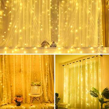 SUNNEST Window Curtain String Light 300 LEDs 9.8FT x 9.8FT 8 Lighting Modes Fairy Lights Remote Control USB Powered Waterproof Lights for Christmas Bedroom Party Garden Wall Decorations,(Warm White)