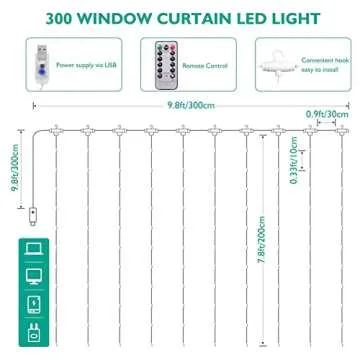 SUNNEST Window Curtain String Light 300 LEDs 9.8FT x 9.8FT 8 Lighting Modes Fairy Lights Remote Control USB Powered Waterproof Lights for Christmas Bedroom Party Garden Wall Decorations,(Warm White)