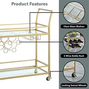 FirsTime Gold Francesca Bar Cart Compact Mobile Design