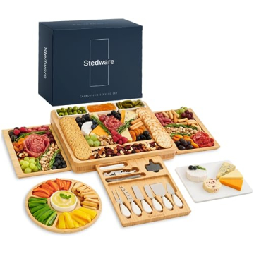 Stedware Charcuterie and Cheese Board Gift Set with Extra Large Bamboo Platter, Marble Cheese Board,...