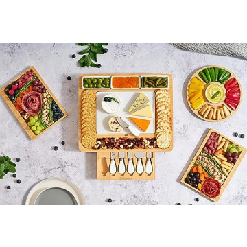 Stedware Charcuterie and Cheese Board Gift Set with Extra Large Bamboo Platter, Marble Cheese Board, Knife Set, Serving Bowls & Dip Serving Tray Set - Complete Party Food Serving Set